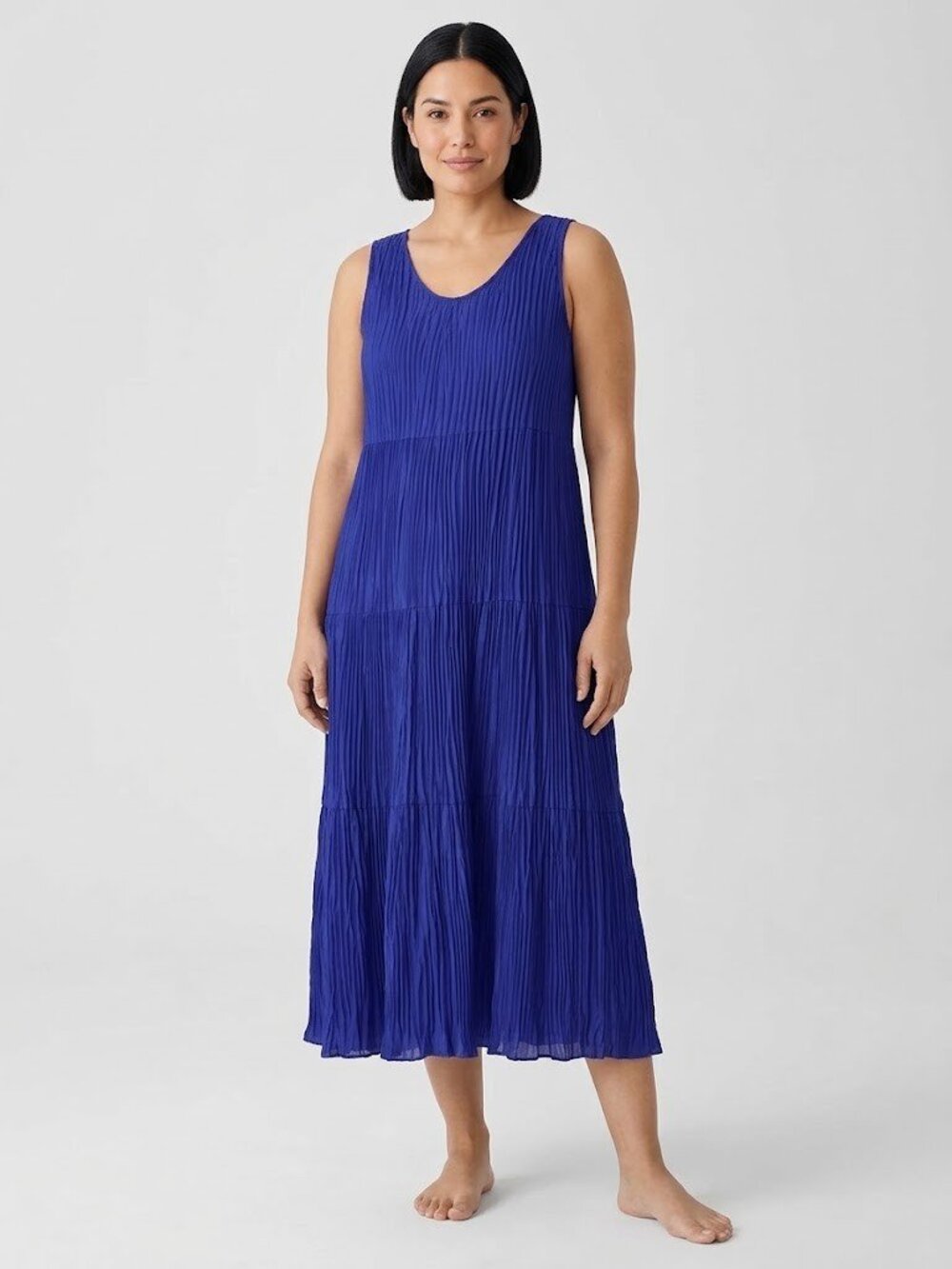 NWT Eileen Fisher Crushed Silk Tiered Dress in Blue Pleated Midi S